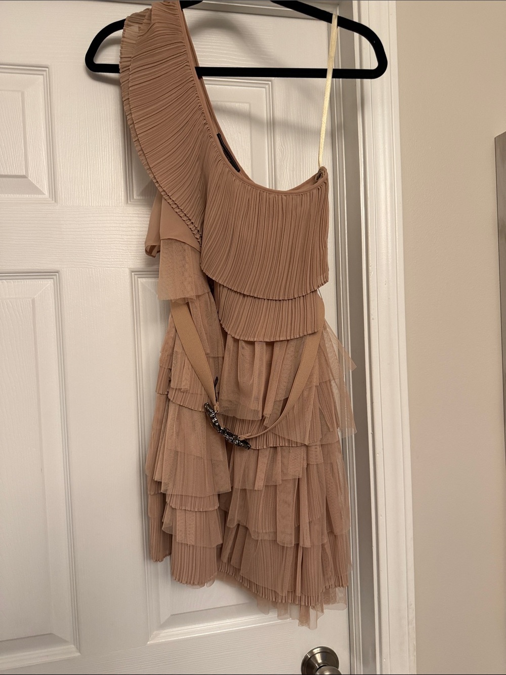 BCBGMaxAzria One-Shoulder Tiered Ruffle Dress in Beige